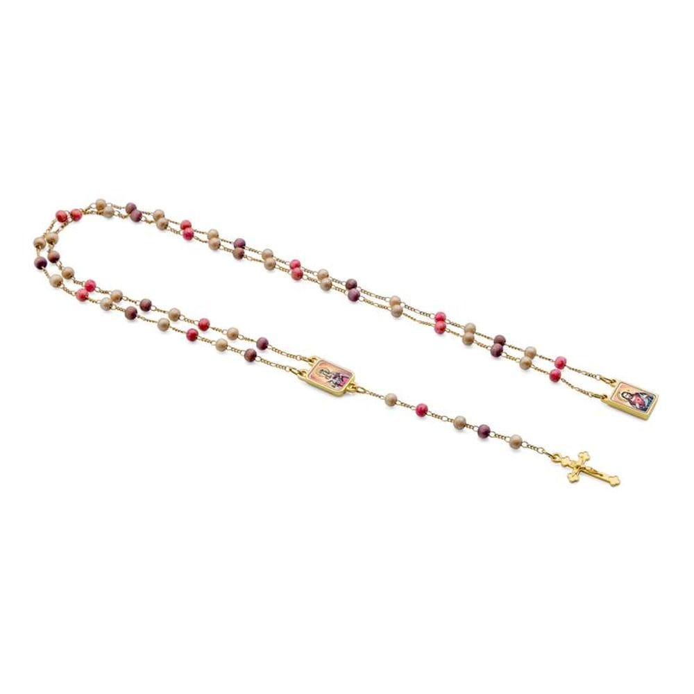 Colar Terço de Nossa Senhora do Carmo Madeira Metal Dourado