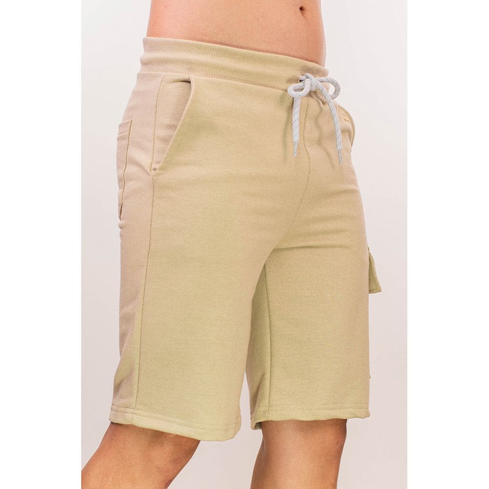 Bermuda Masculina Moletom Sustentável Bolso Cargo Bordado Urso Marrom Caqui