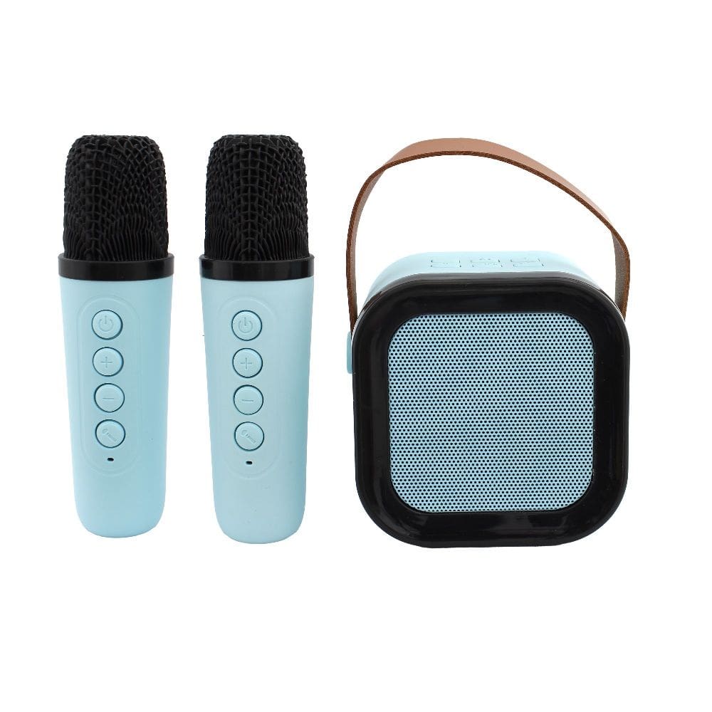 Mini Caixa De Som Portátil Karaokê Bluetooth 5w 2 Microfones Azul