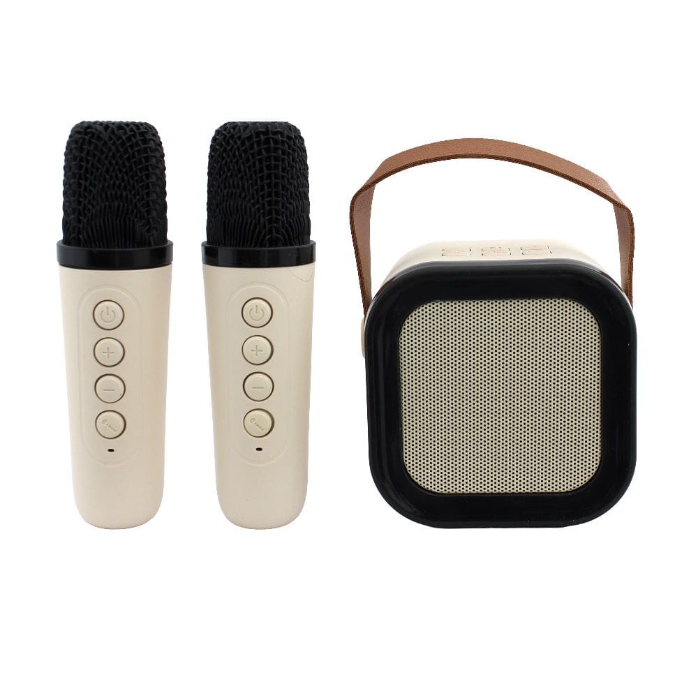 Mini Caixa De Som Portátil Karaokê Bluetooth 5w 2 Microfones Bege