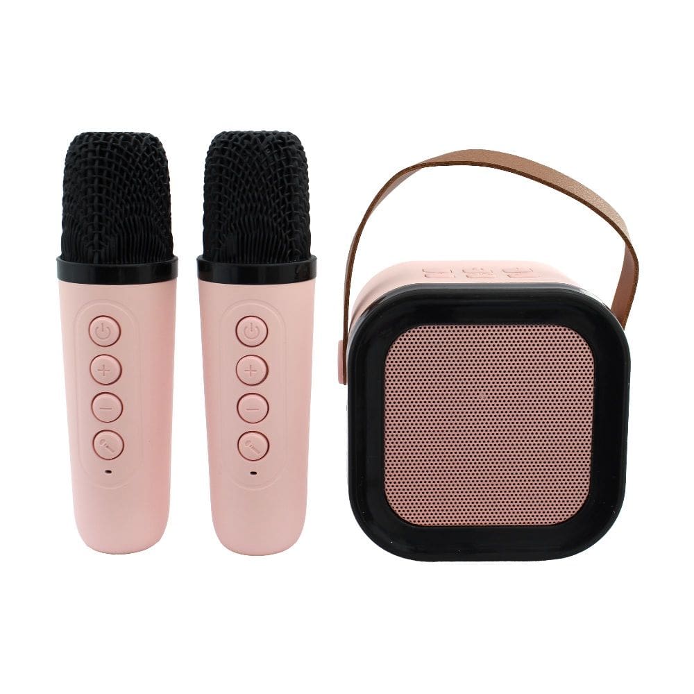 Mini Caixa De Som Portátil Karaokê Bluetooth 5w 2 Microfones Rosa