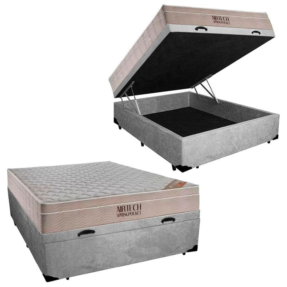 Cama Box Baú Casal Suede + Colchão Ortobom Airtech Molas Ensacadas 138x188x65 Cor:cinza