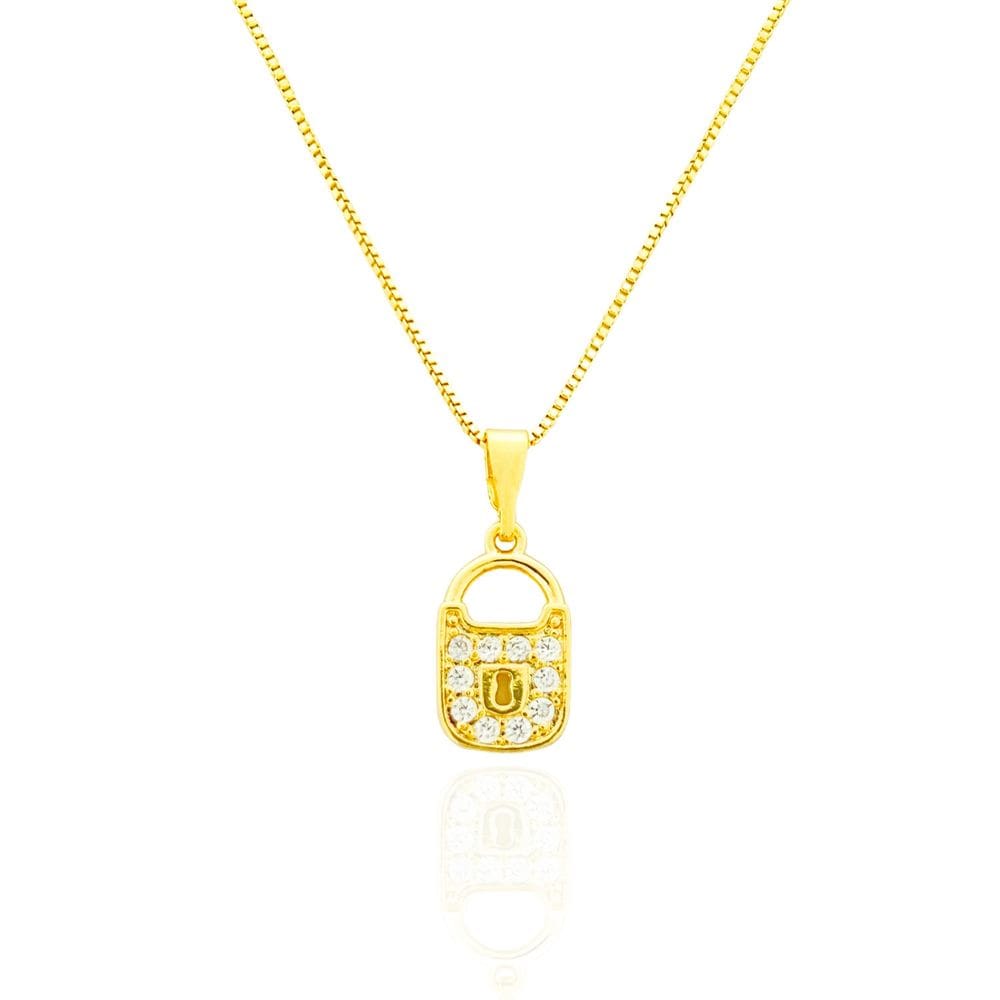 Colar Cadeado Cravejado Cristal Banhado a Ouro
