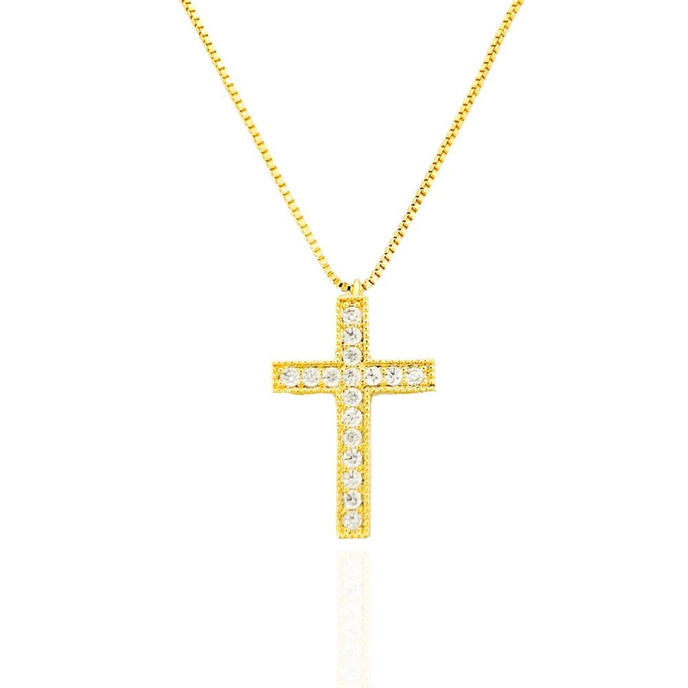 Colar Crucifixo Cravejado Cristal Banhado a Ouro