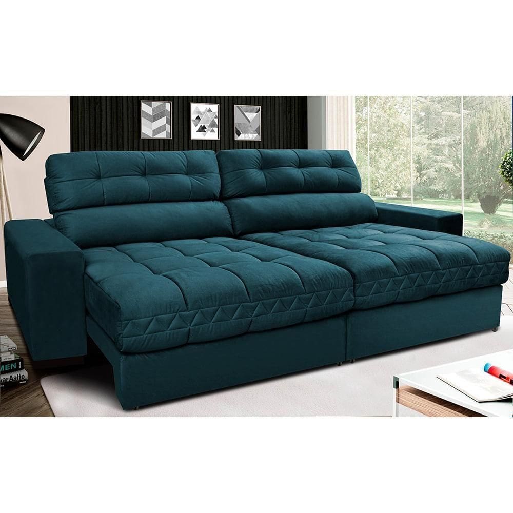 Sofá Retrátil E Reclinável Com Molas Ensacadas Cama Inbox Master 2,12m Tecido Velusoft Petróleo