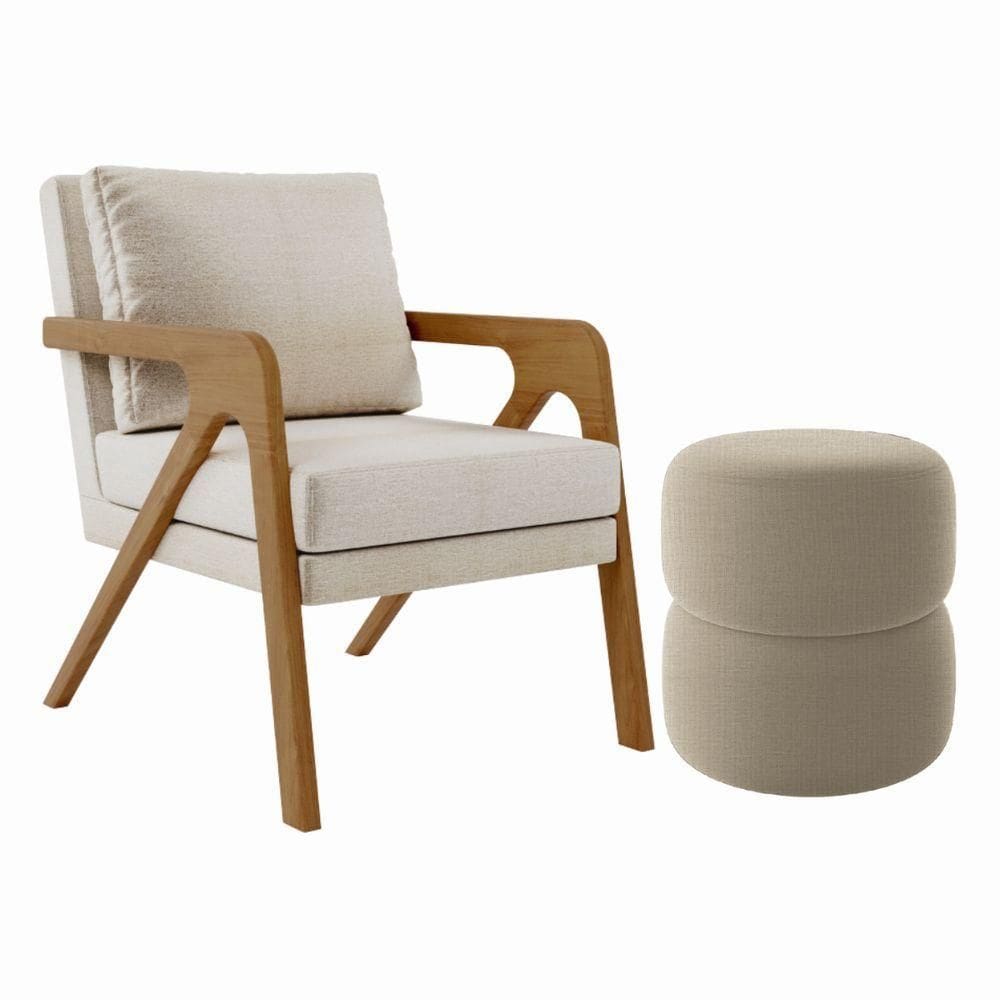 Kit Poltrona E Puff Decorativo Luxo Sala Escritório Rafa bouclé Bege