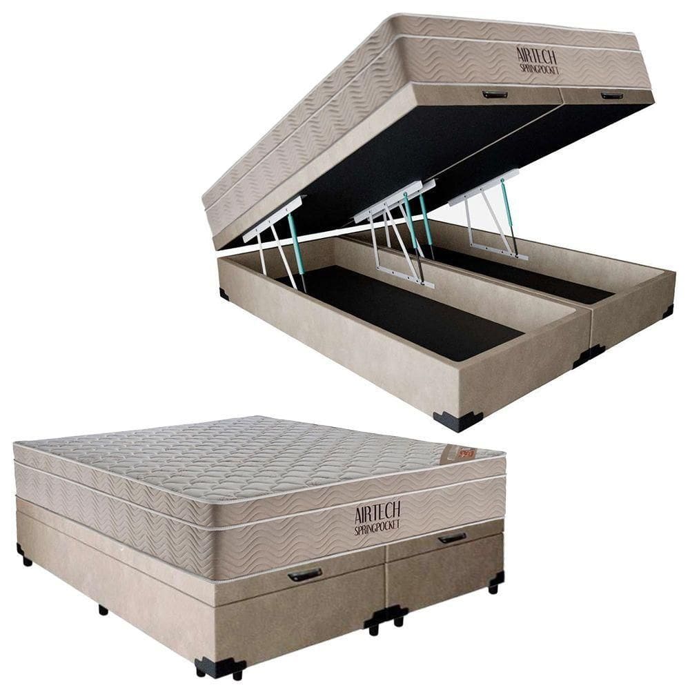 Cama Box Baú Casal Sintético Bipartido + Colchão Ortobom Airtech Molas Ensacadas 138x188x65 Bege