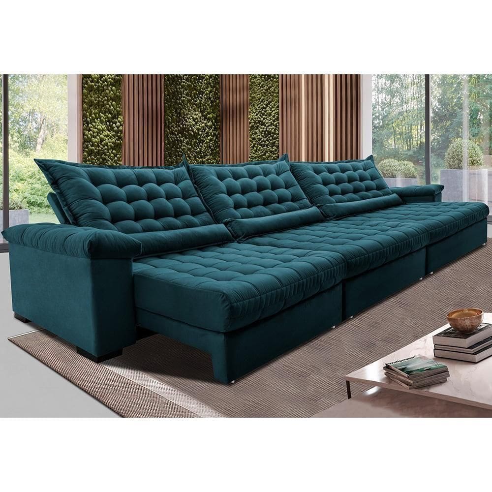 Sofá Retrátil E Reclinável 4,15m Molas Ensacadas Cama Inbox Big Space Com Bordado 3d Velusoft Petróleo