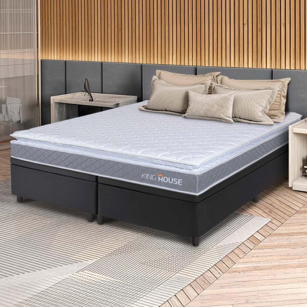 Conjunto Box Baú Preto Durban Cinza Espuma D28 King 193x203x64 - King House