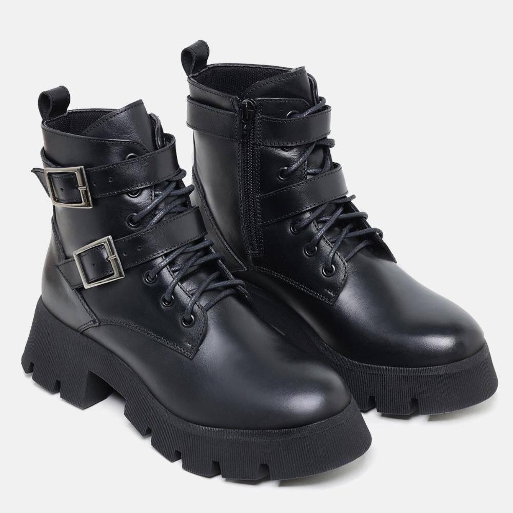 Bota Coturno Feminina Couro Vega Cadarço Fivelas Zíper