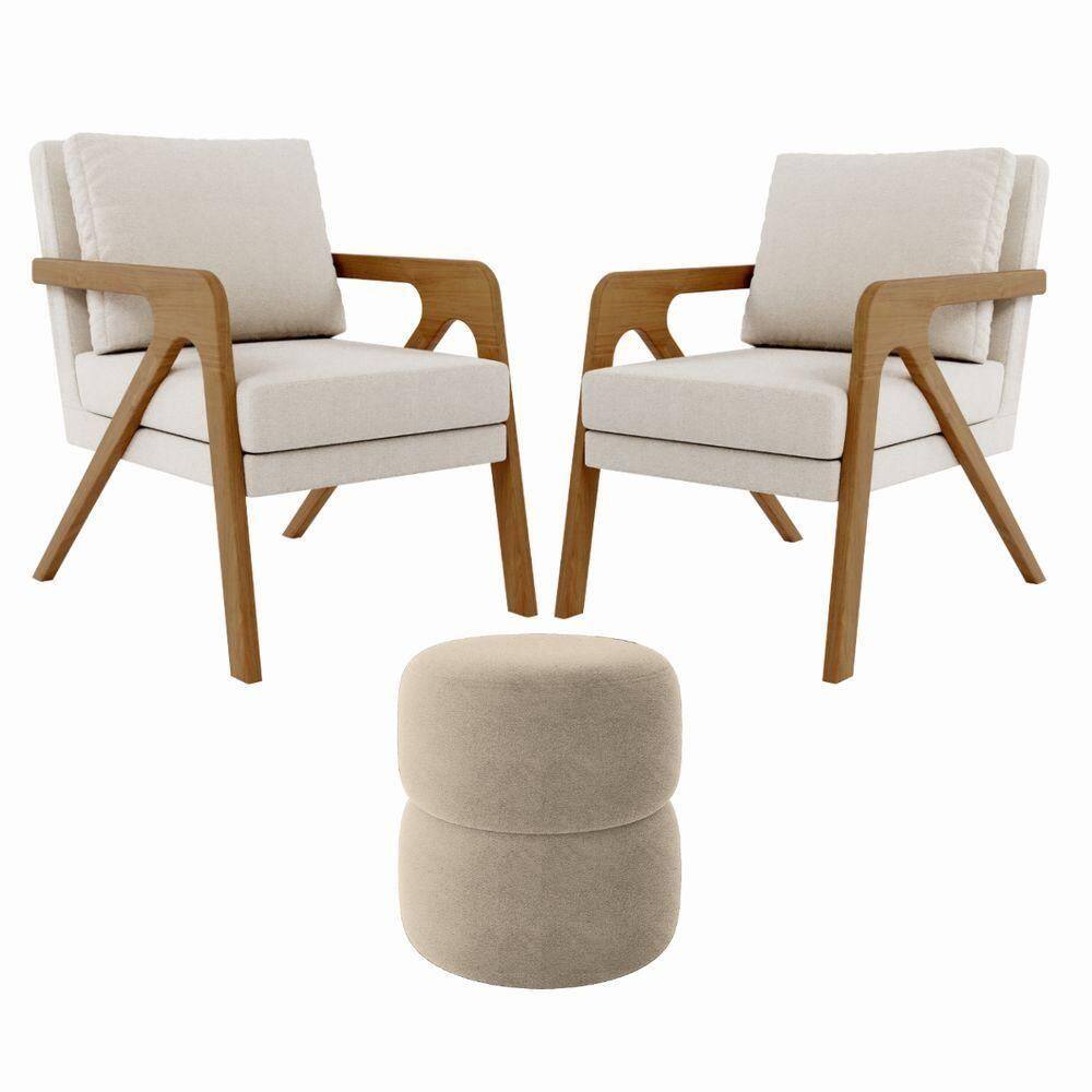 Kit 2 Poltrona Decorativa Puff Sala Moderno Escritório Lana Bouclé Bege