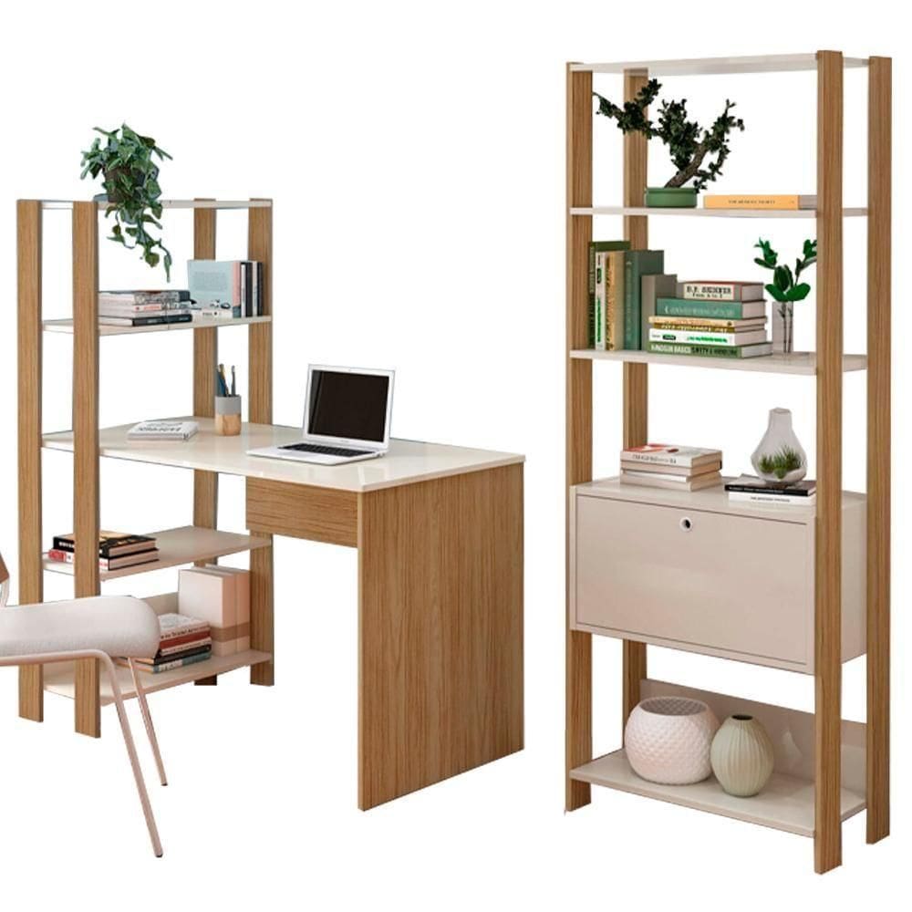 Mesa Escrivaninha E Estante Livreiro 1 porta Carvalho Off White Arly