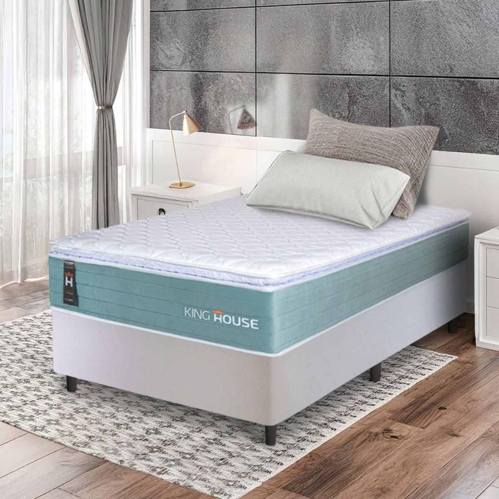 Conjunto Box Branco Lagos Verde Molas Ensacadas Solteiro 96x203x66 - King House