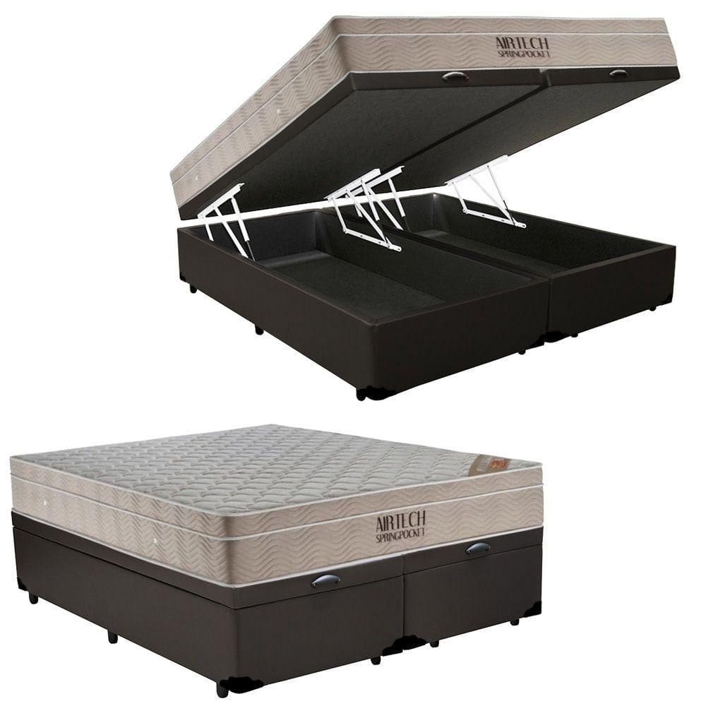 Cama Box Baú King Sintético Bipartido + Colchão Ortobom Airtech Molas Ensacadas 193x203x65 Marrom
