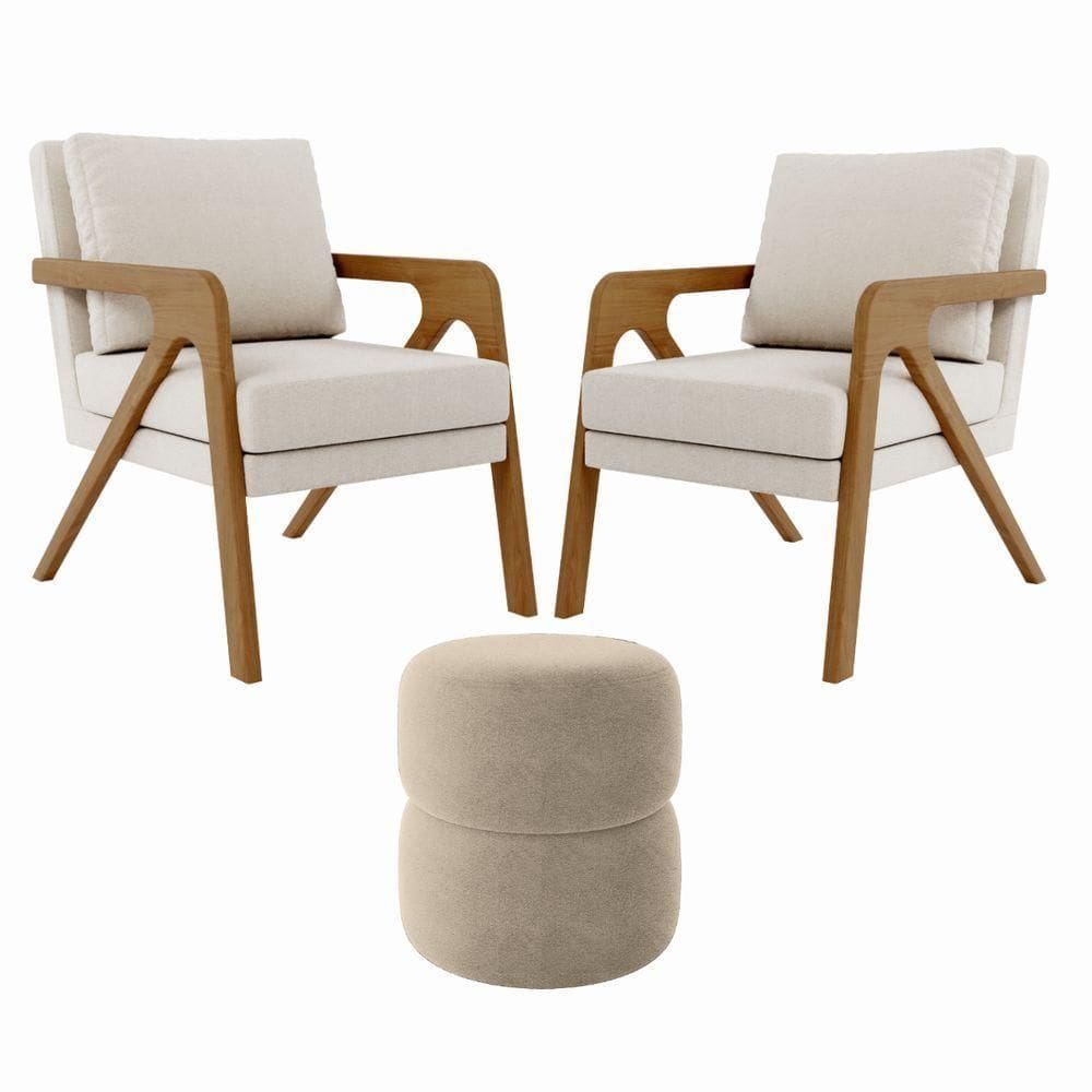 Kit 2 Poltrona Decorativa Puff Sala Moderno Escritório Rafa bouclé Bege