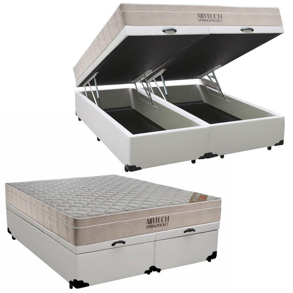 Cama Box Baú Queen Sintético Bipartido + Colchão Ortobom Airtech Molas Ensacadas 158x198x65 Cor:branco