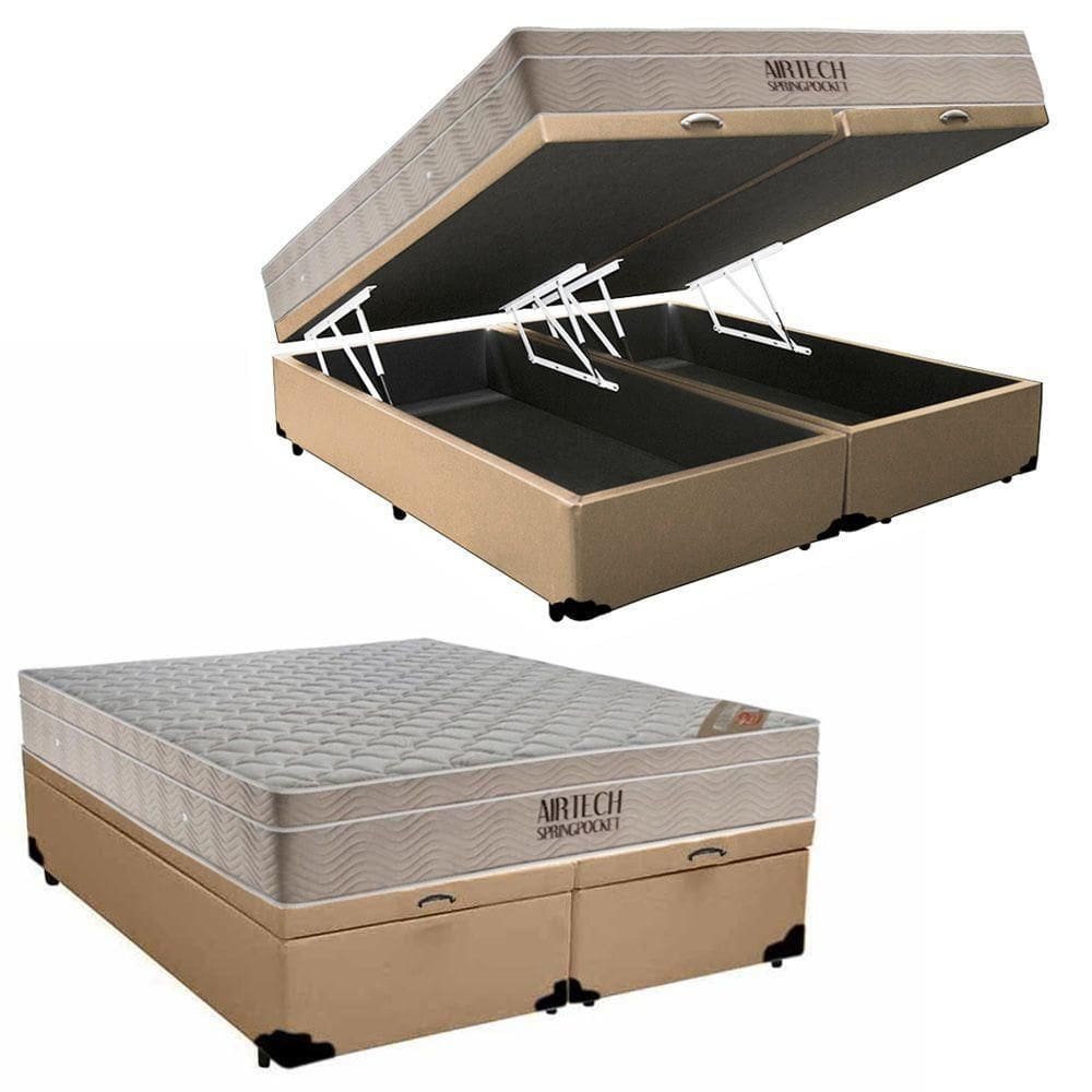 Cama Box Baú Queen Sintético Bipartido + Colchão Ortobom Airtech Molas Ensacadas 158x198x65 Cor:bege