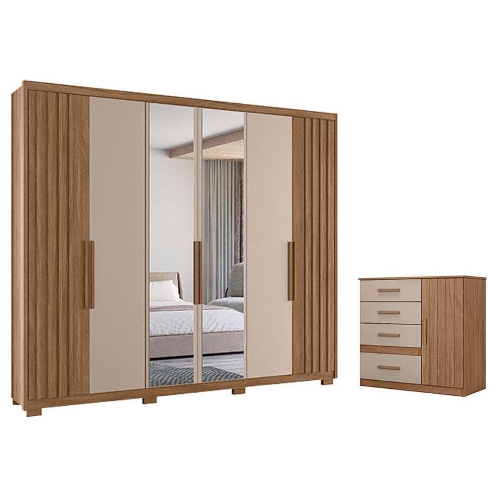 Guarda Roupa Casal Araguaia e Cômoda Vênus Carvalho Fendi com Espelho - Moval
