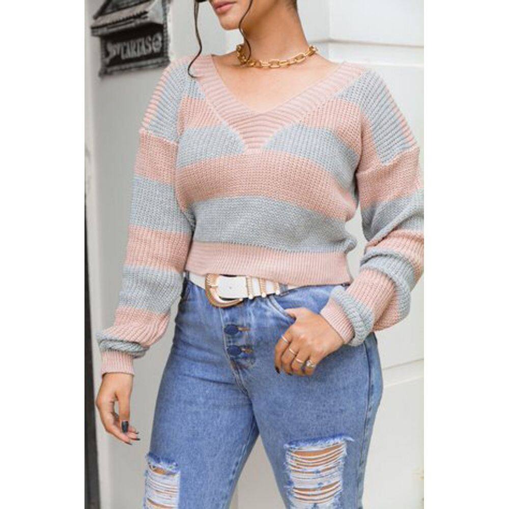 Blusa Tricot Manga Longa Gola V Listra