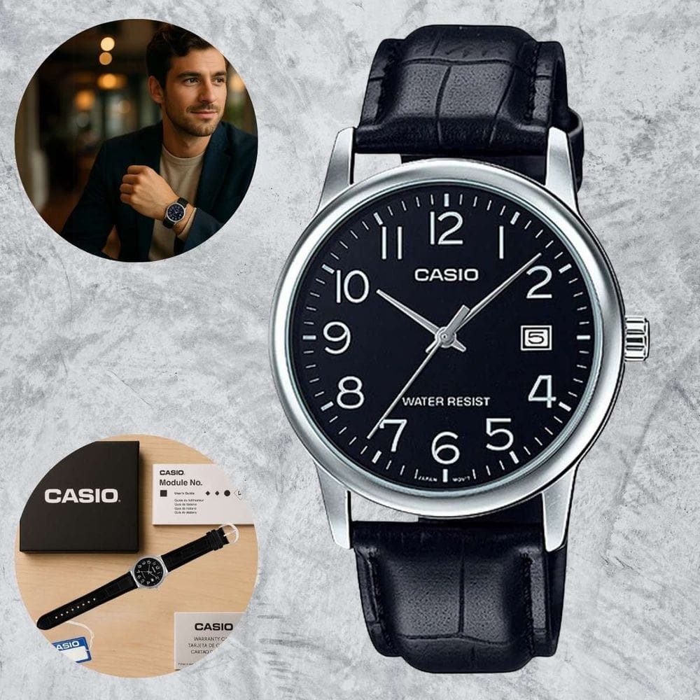 Relógio Casio Masculino MTPV002L1BUDF Pulseira de Couro Preto Estilo Elegante Clássico Social Casual Resistente Água