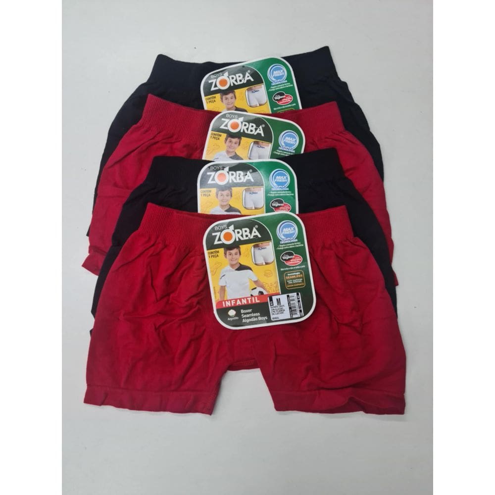 4 Cuecas Boxer Infantil Algodão Zorba 678. Tamanho M(6 a 8 anos). 2 Vermelhas e 2 Pretas.