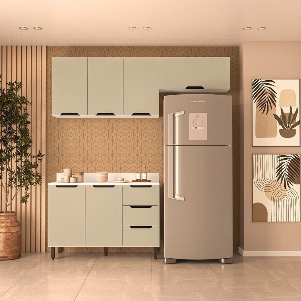 Cozinha 3 Peças Balcão 3 Gavetas 2 Portas Aéreo e Basculante com Tampo Meena Branco/Verde Oliva