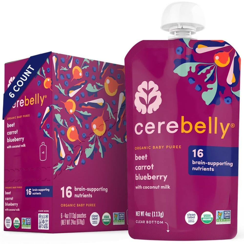 Bolsas de comida para bebês Cerebelly Organic Beterraba, Cenoura, Mirtilo, 120 ml