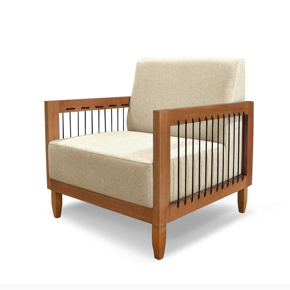 Poltrona Decorativa Base de Madeira Daia Linho Dourado - Loja Sheep