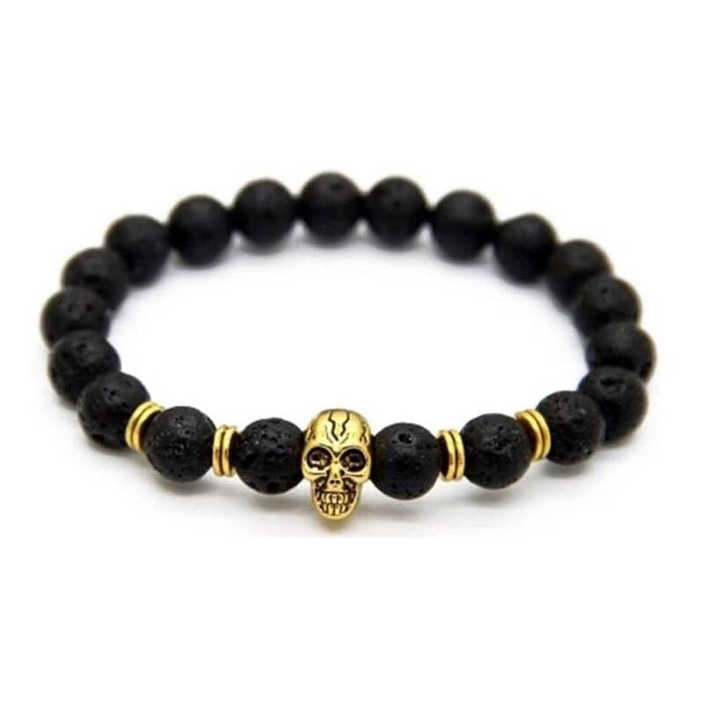 Pulseira masculina pedra lava vulcânica com caveira dourada