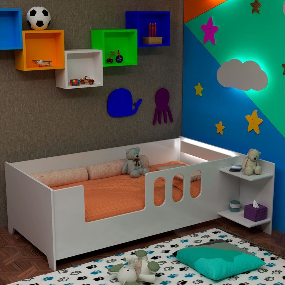 Cama Infantil Montessoriana Reforçada Livia com Led Usb Prateleiras Divaloto - Branco