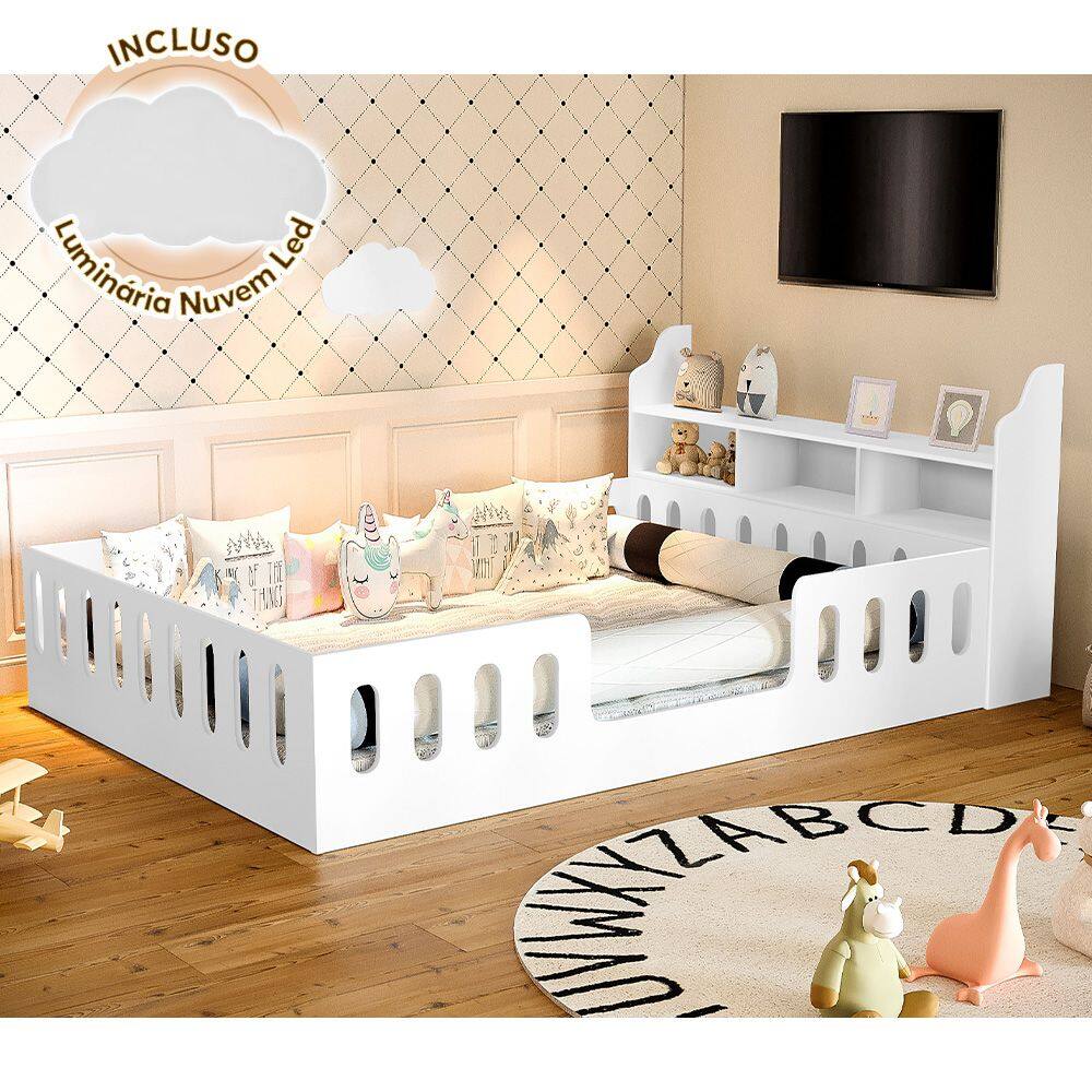 Cama Montessoriana Reforçadahelo com Nicho Luminária Led - Branco