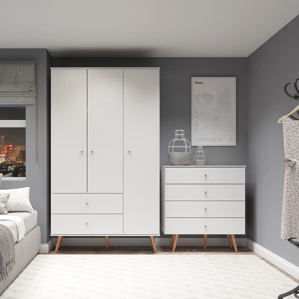 Conjunto Quarto Solteiro Retrô com Guarda-Roupa Cômoda Branca