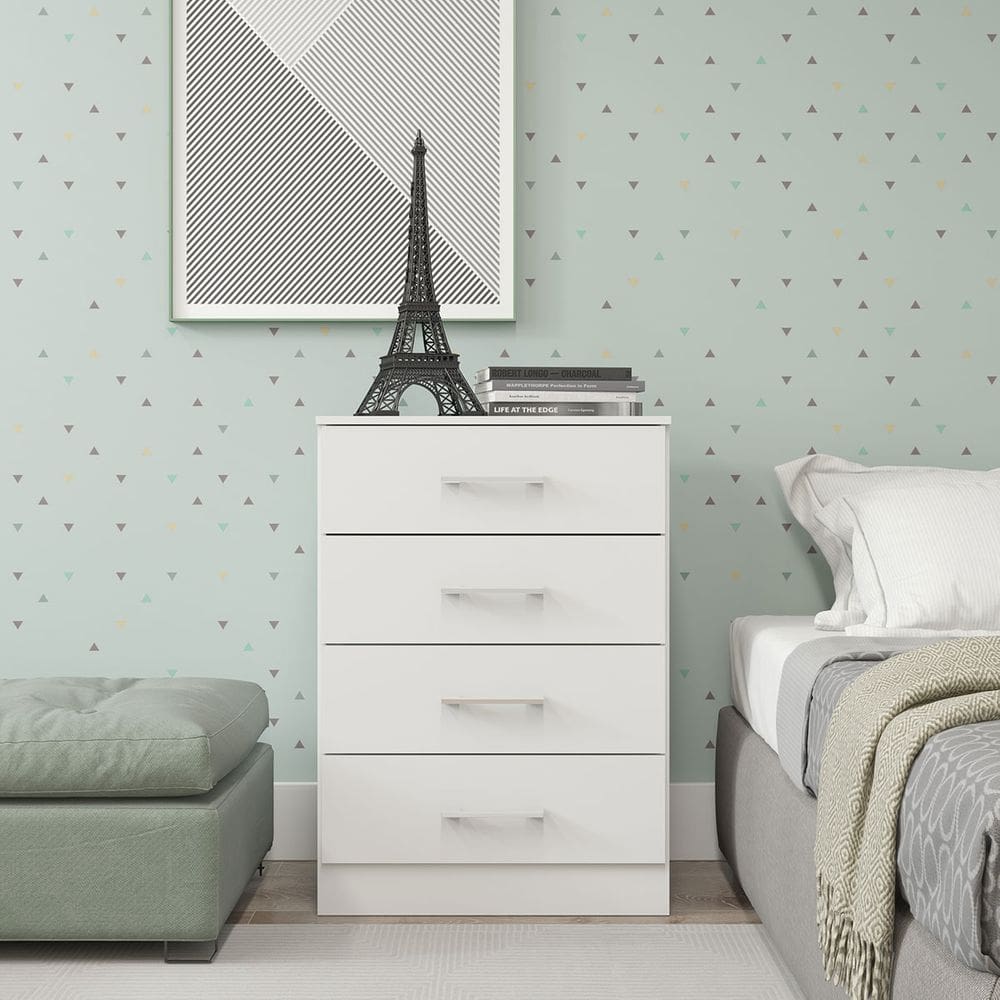 Cômoda Branca Pequena com 4 Gavetas Puxador Cromado 55x93cm