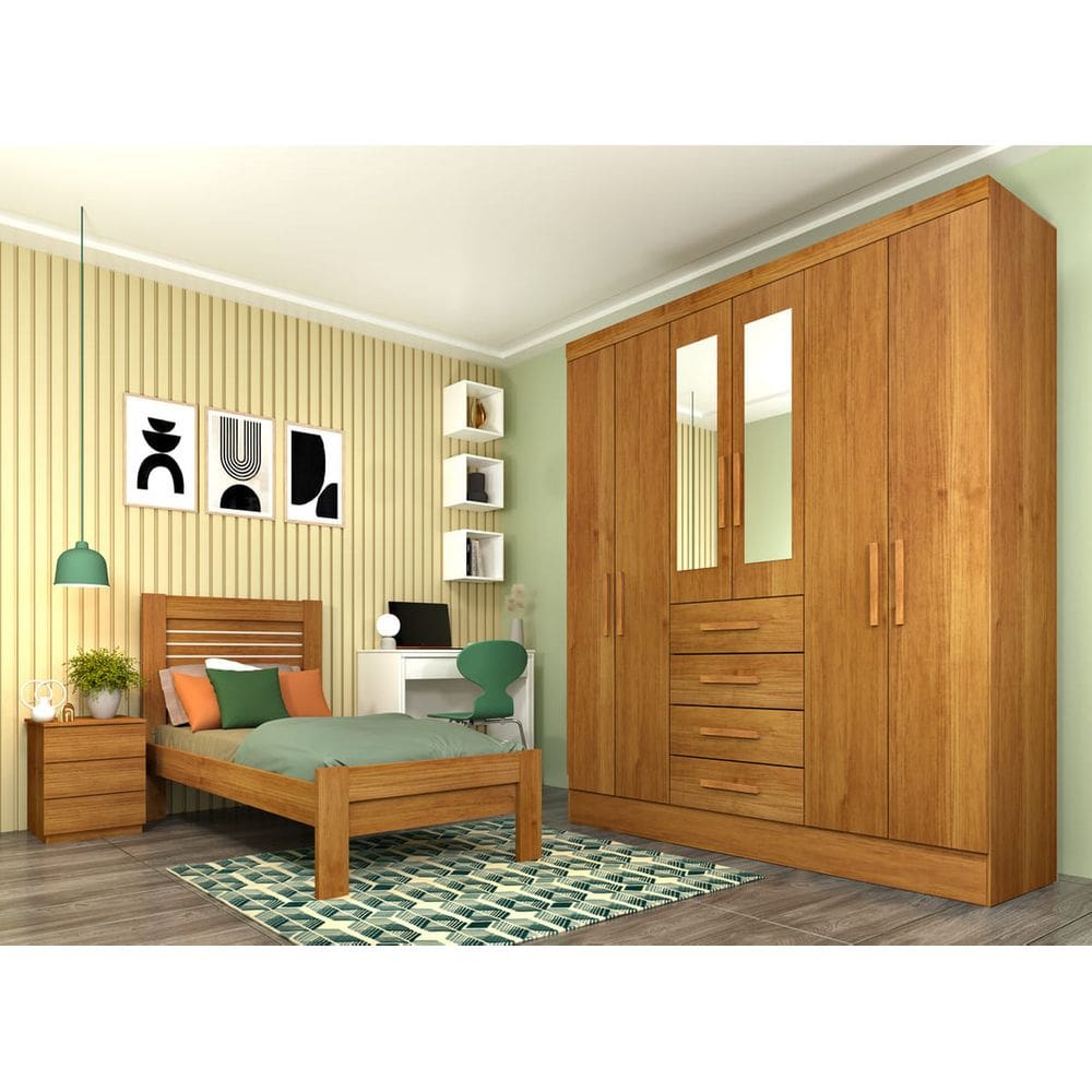 Guarda Roupa Casal com Espelho 6 Portas 4 Gavetas - Arizona-Cinamomo - Tcil Móveis