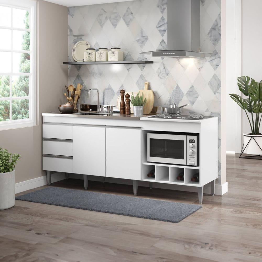 Balcão de Pia para Cozinha 3 Gavetas Cooktop Forno 183cm Branco