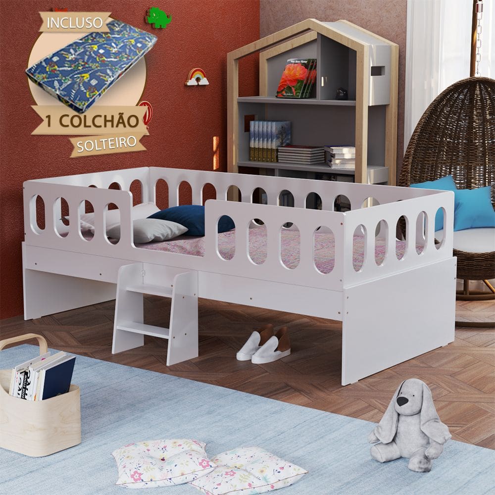 Cama Infantil Criança Lara Solteiro com Escadinha e Colchão Branco - Baby Mobília