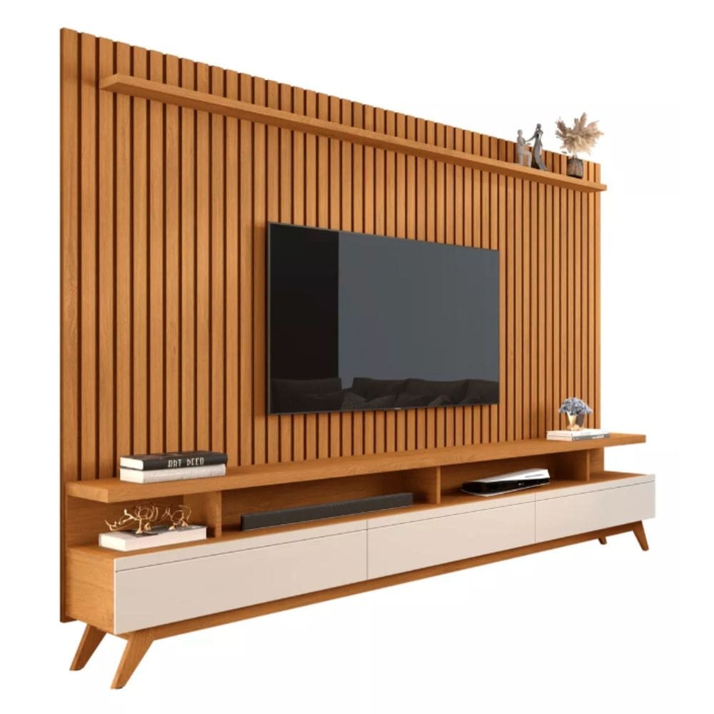 Conjunto Rack Com Painel Versátil Para Sala Tv Ripados