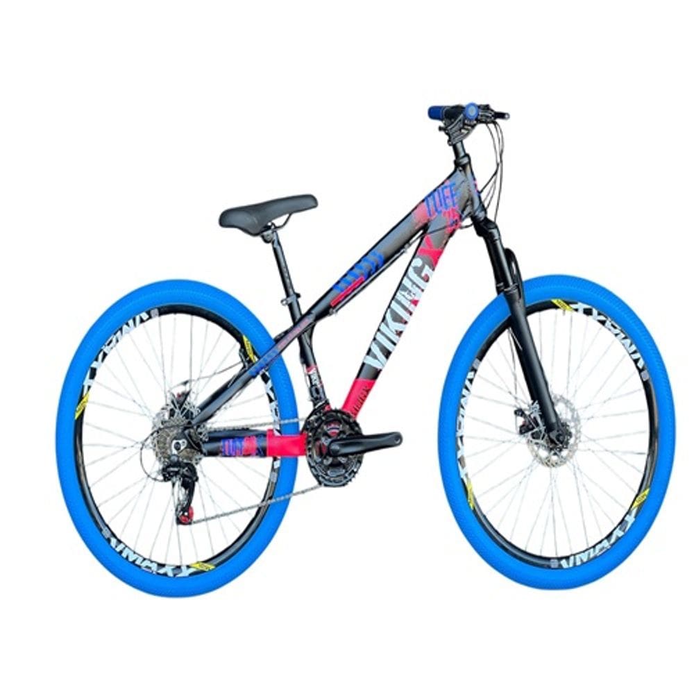 Bicicleta Vikingx Preto Rosa 26 Câmbios Shimano Roda Vmaxx 21V Pneu azul
