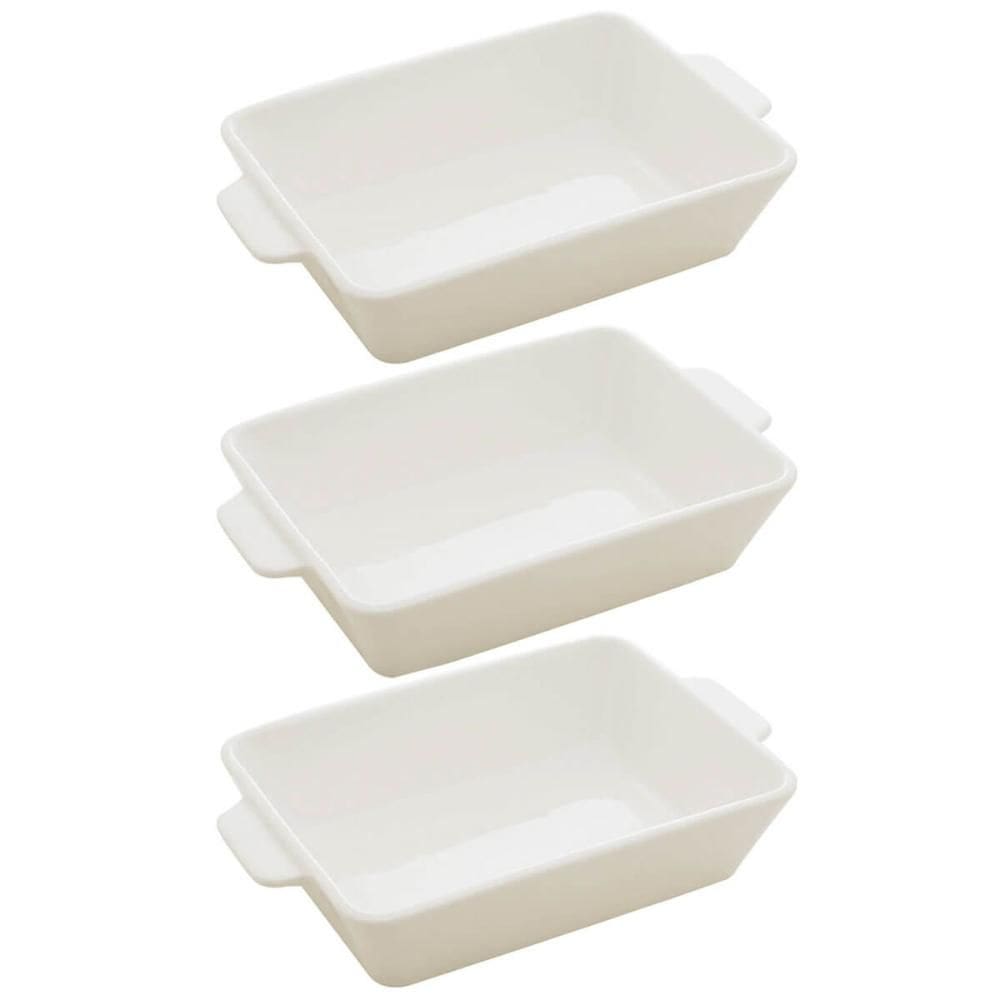 Kit 3 Travessas de Porcelana Branca 23,5x15cm Refratários com Alças 750ml Línea Lyor