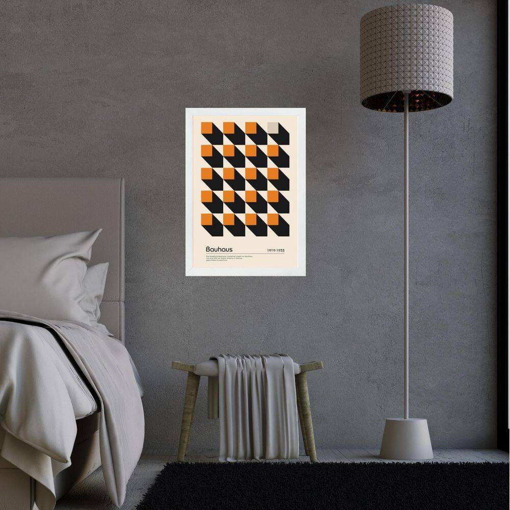 Quadro Bauhaus Laranja - Cubos 33X24Cm - Com Vidro