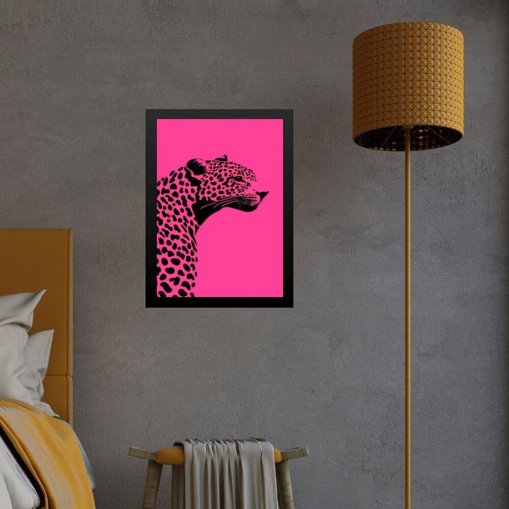 Quadro Decorativo Leopardo Rosa E Preto 45X34Cm - Com Vidro