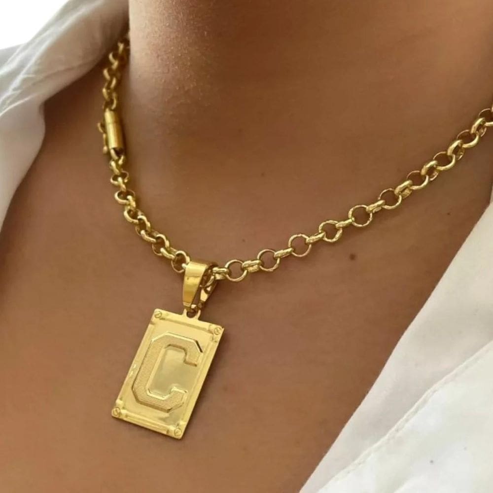 Cordão 5Mm Português Feminino Pingente Letra Banhado A Ouro