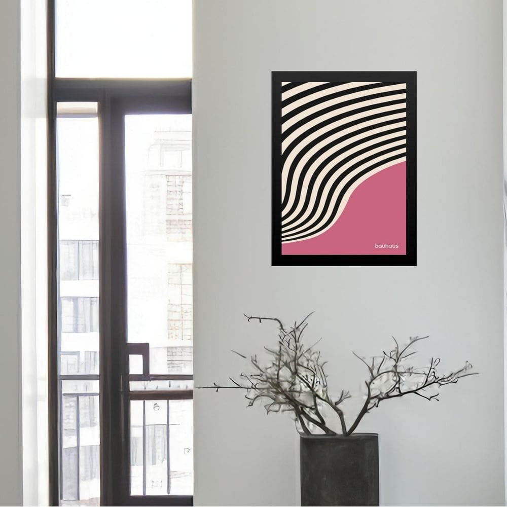 Quadro Bauhaus Rosa E Preto - Curvas 45X34Cm - Com Vidro