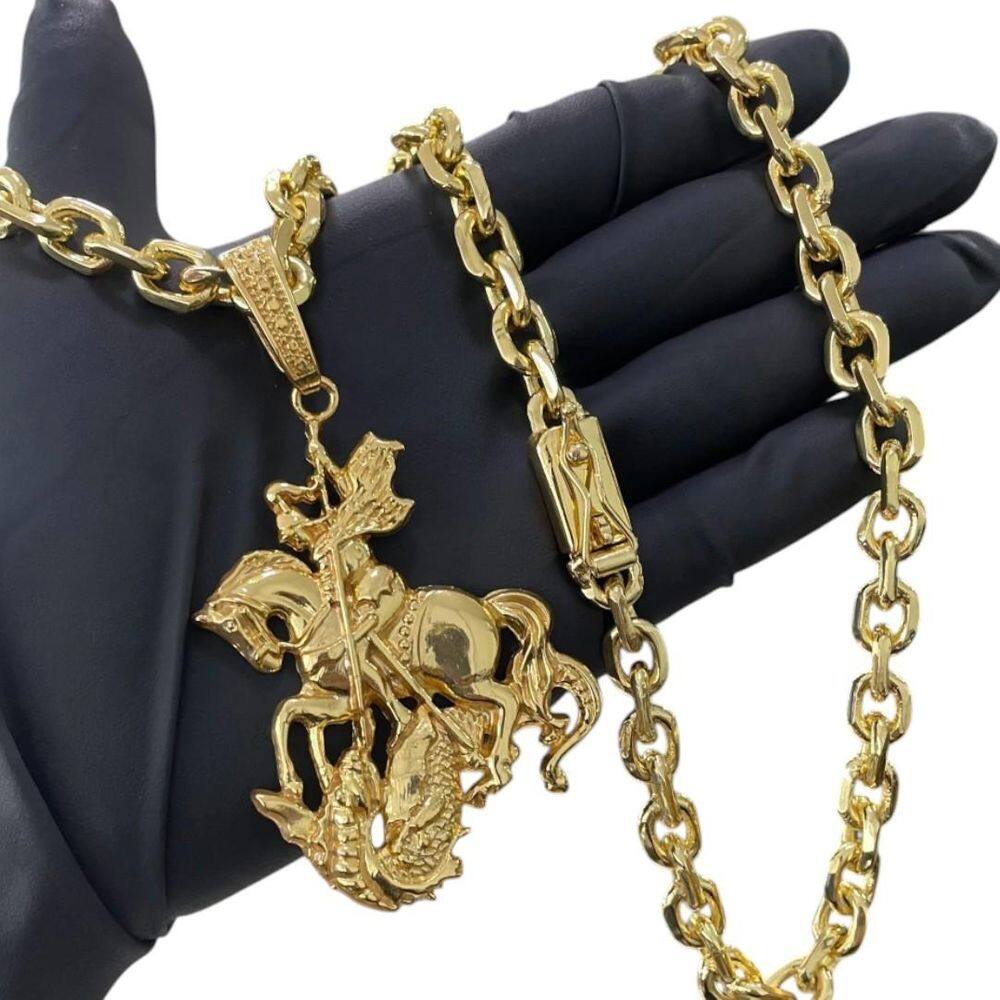 Cordão 8Mm Cadeado + Pingente São Jorge - Banhado A Ouro 18K