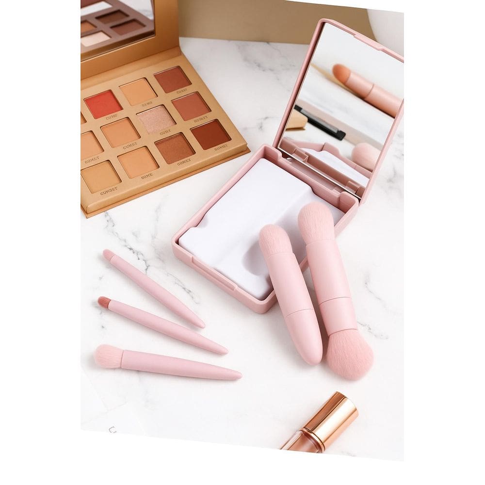 Kit 3Un Mini Espelho Maquiagem Portátil Rosa 5 Pincéis Lupa