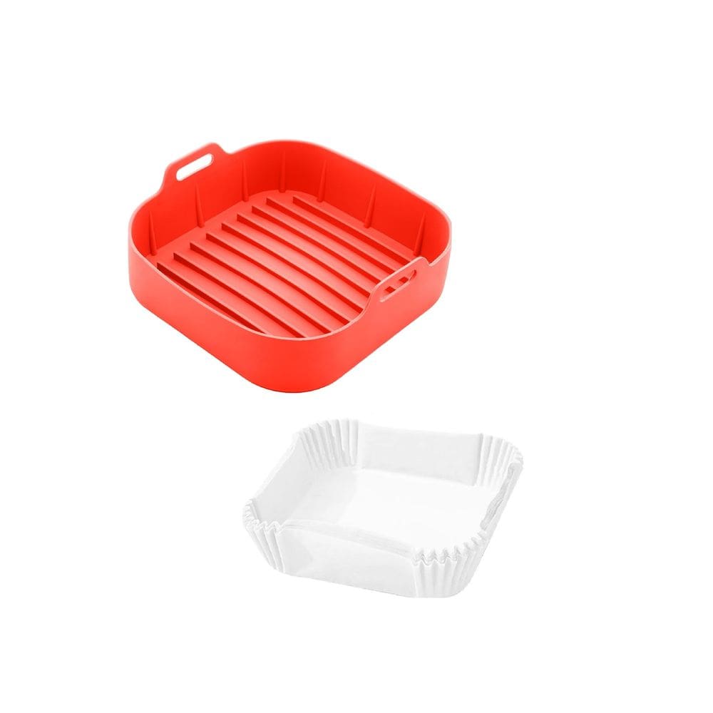 Kit Forma Quadrada de Silicone 20cm + 50 Folhas Para Air Fryer