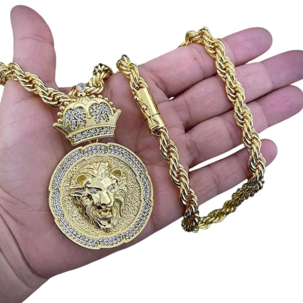 Cordão 10Mm Baiano + Pingente Leão - Banhado A Ouro 18K