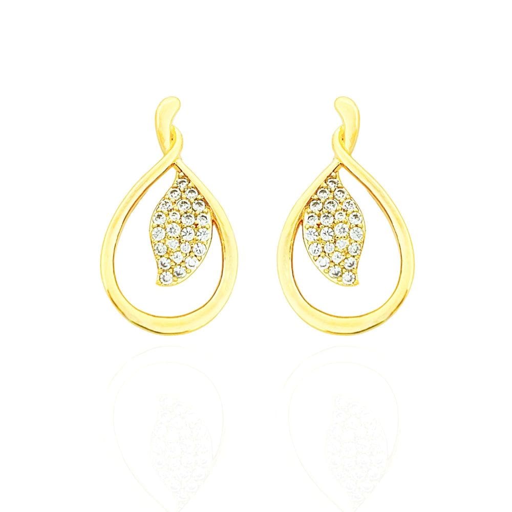 Brinco Gota Vazada Com Folha Cravejada Banhado a Ouro