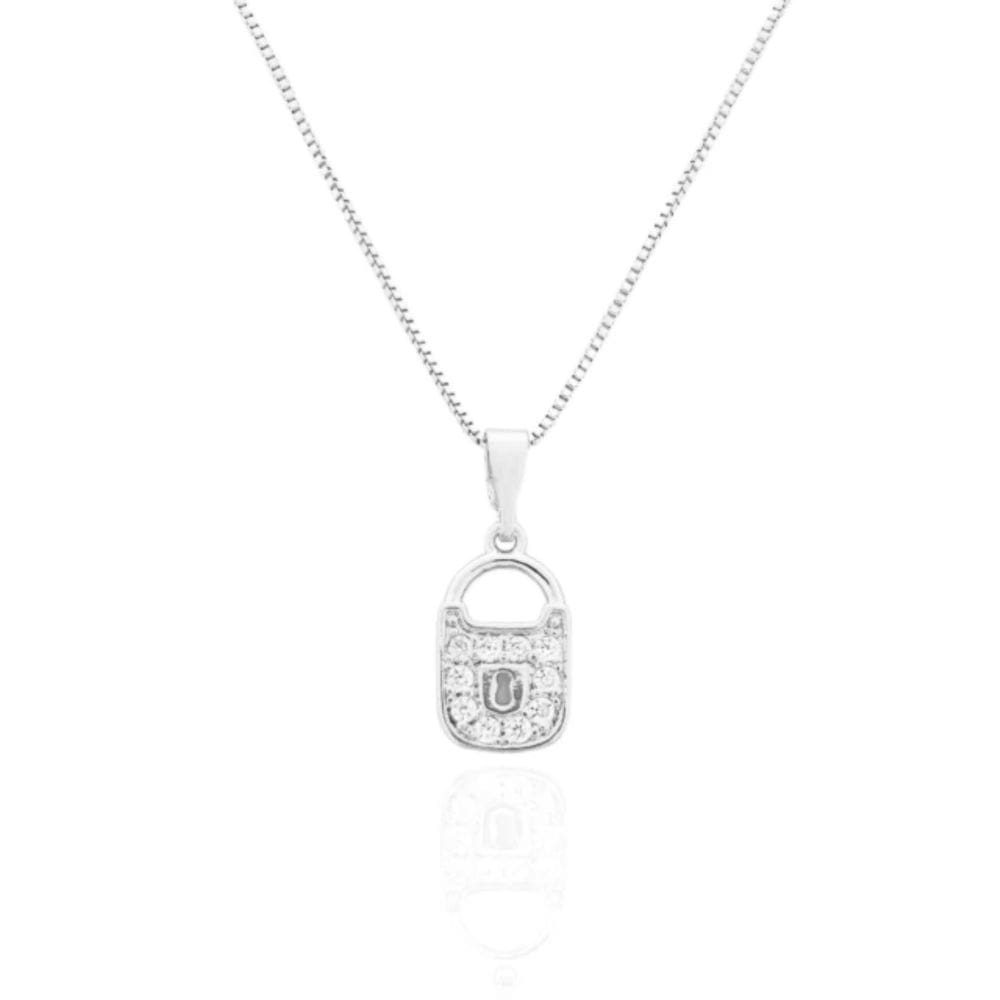 Colar Cadeado Cravejado Cristal Banhado a Prata