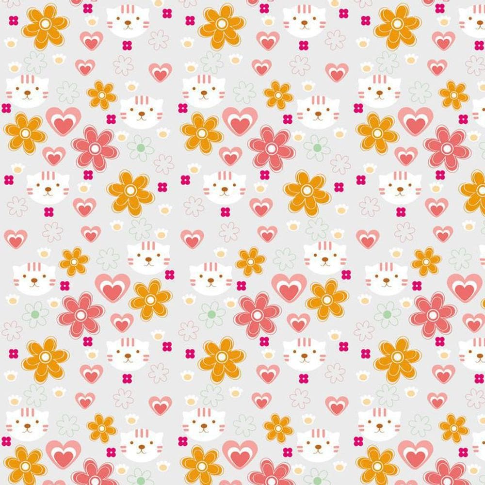 Papel De Parede Cinza Flores Gatinha E Corações Decorativo